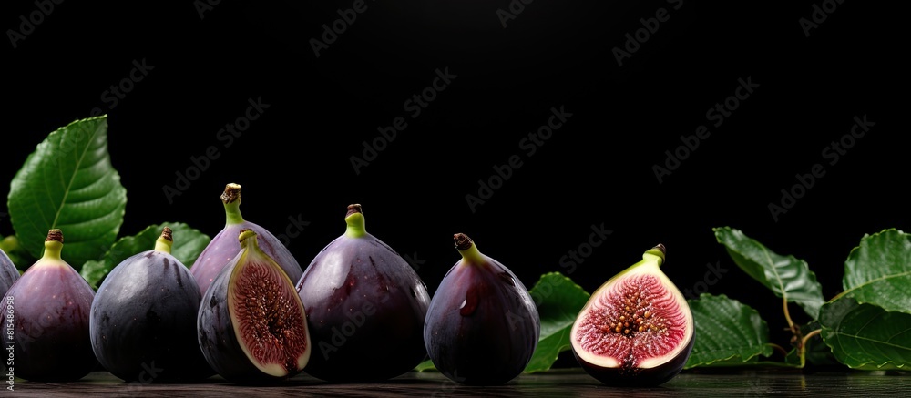 Poster a copy space image featuring ripe figs arranged on a black table allowing room for text