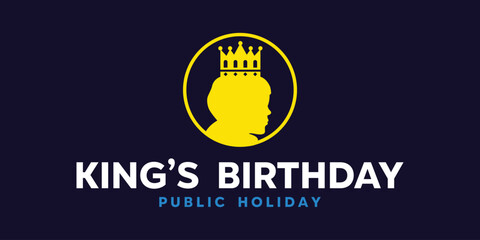 Kings Birthday. King and crown. Great for cards, banners, posters, social media and more. Dark blue background.