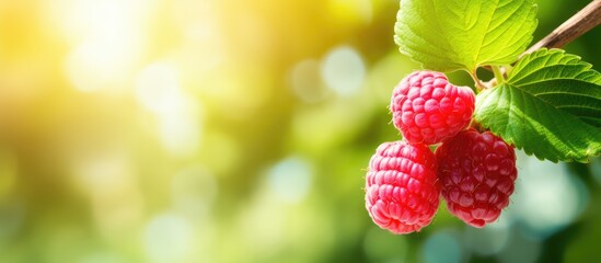 A vibrant pink raspberry is displayed on a branch surrounded by the lush green backdrop of a summer...
