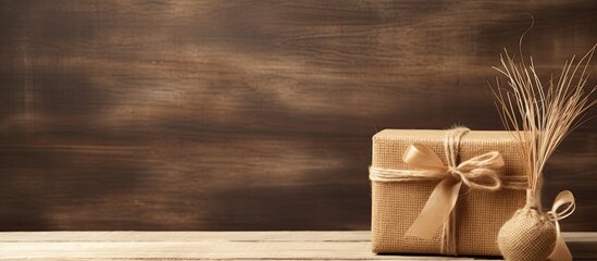 Craft gift box placed on a wooden table with raffia or twine providing ample copy space in the image