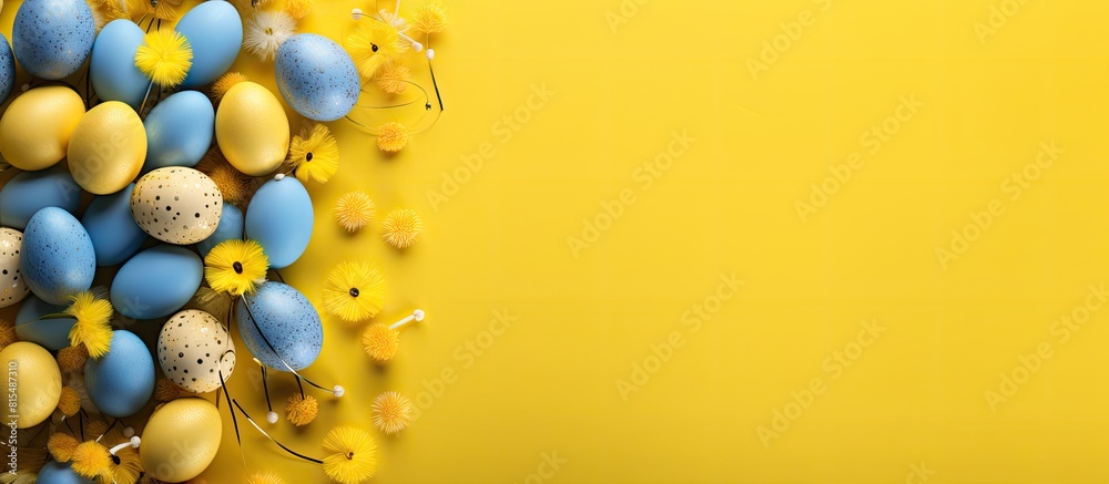 Aufkleber top view of a easter greeting card featuring a yellow background adorned with blue easter eggs and a