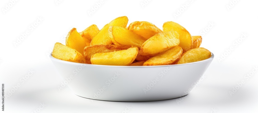 Poster A crispy potato is served in a small bowl on a white background with plenty of space for text or other elements. Creative banner. Copyspace image