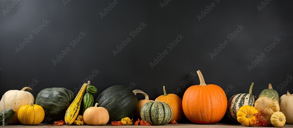 Poster there is a copy space image of squash and pumpkins on a blackboard