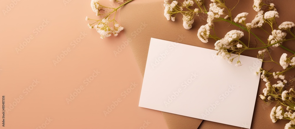 Fototapete a top down view of a greeting card mockup placed on a beige background accompanied by an envelope dr