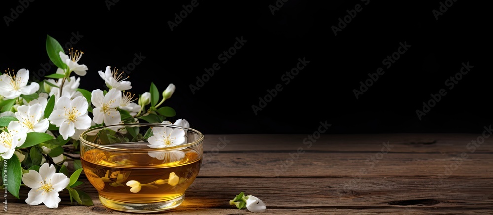 Poster A copy space image of jasmine tea adorned with fragrant jasmine flowers set against a rustic wooden background