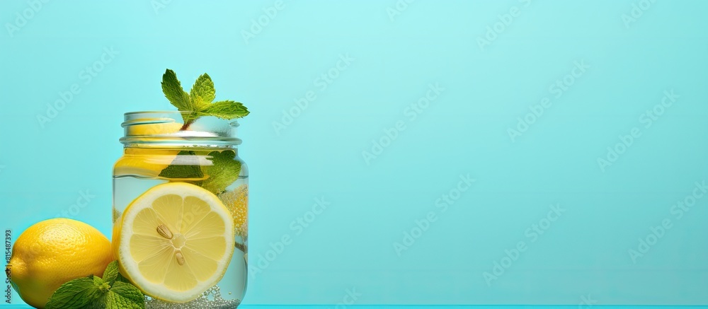 Wall mural A copy space image of a jar filled with lemonade garnished with a lemon slice and mint set against a refreshing blue backdrop