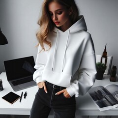 A woman in a white sweat t shirt mockup mockup image art attractive.
