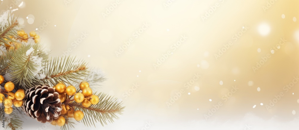 Poster Festive Christmas copy space image features a snowy white spruce branch adorned with cones on a golden background perfect for adding text