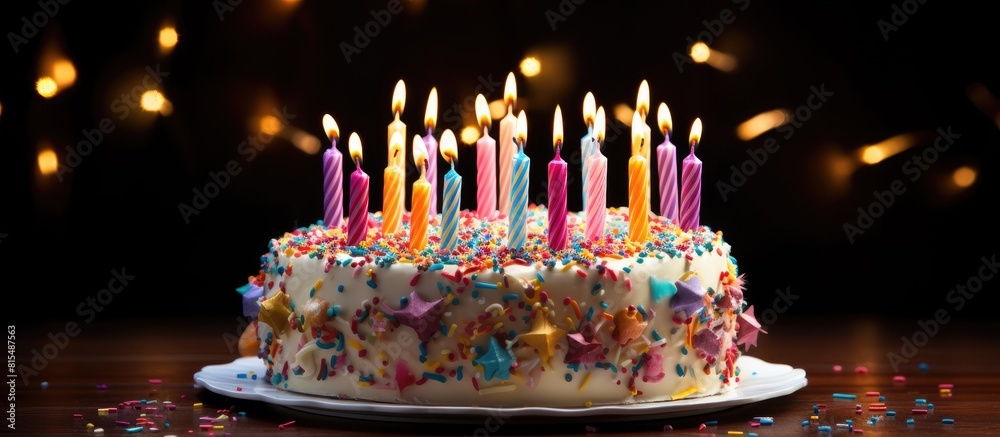 Poster a deliciously decorated cake with candles ready to celebrate a special occasion such as a birthday w