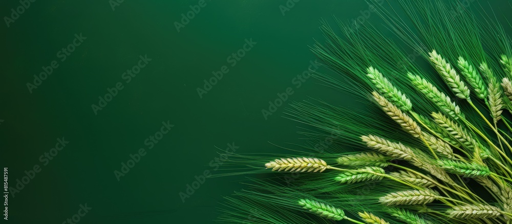 Aufkleber A top down view of a vibrant green background with a bunch of wheat stems and ears representing the autumn harvest of grain crops This copy space image showcases the creative crop concept