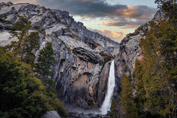 Gorgeous Sunset on Lower Yosemite Falls, Yosemite National Park, California
