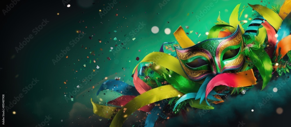 Poster a vibrant carnival party with colorful masks streamers and confetti set against a vivid green backdr
