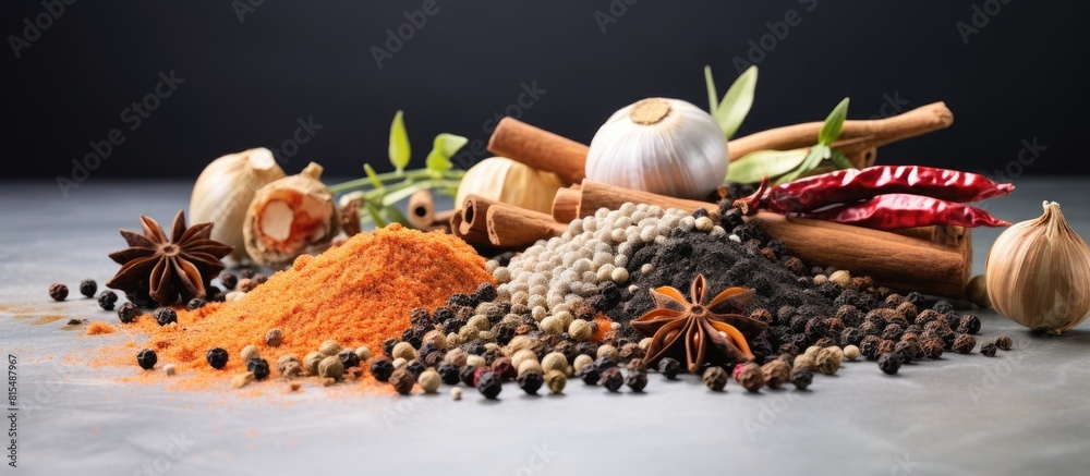 Poster a vibrant photo of spices with peppercorns placed on a table against a light grey background ample c