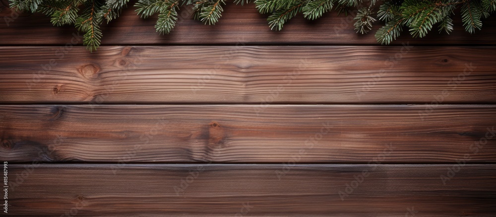Poster A top down view of a Christmas wooden background with copy space image featuring fir branches Perfect for creating New Year templates advertising layouts and festive greeting cards