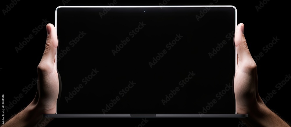 Aufkleber A computer laptop being held by a hand with a blank screen against a white background Copy space image