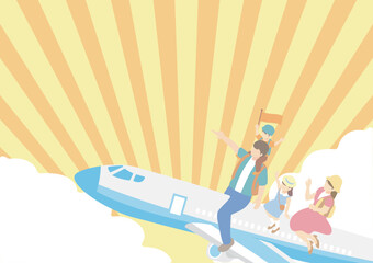 トラベル　夏　フレーム　人物　家族　ファミリー　飛行機　旅行　アイソメトリック風　イラスト素材
