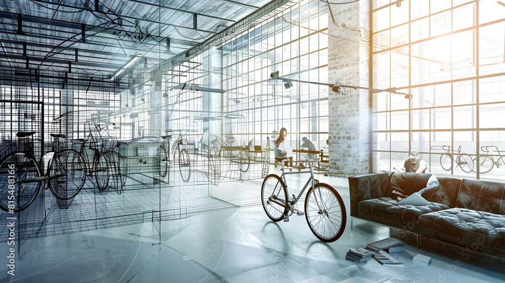 Poster Design project development with 3D visualization of sunny industrial open space office with sofa on concrete floor and lattice glass walls and man hand making sketch of workspaces and  : Generative AI