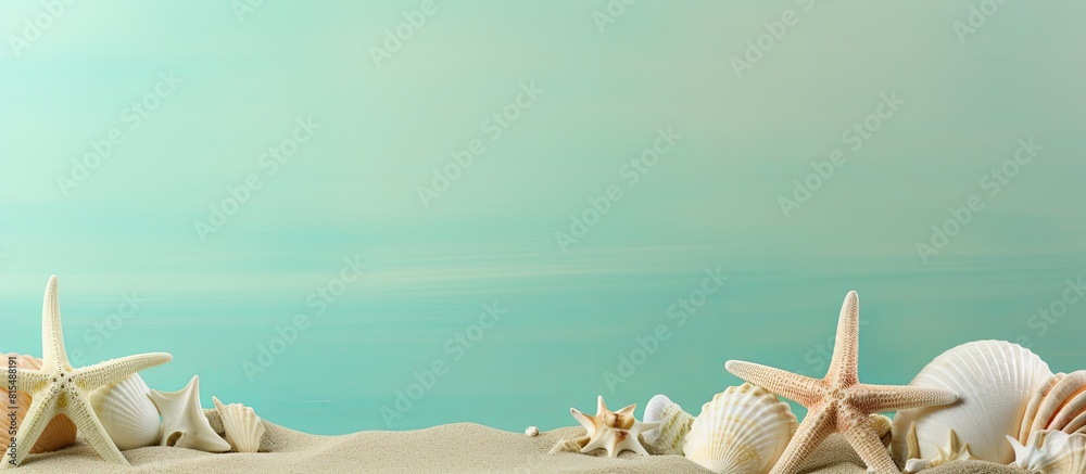 Fototapete Create a design with model starfish and shells on a light green background perfect for adding copy space to your image