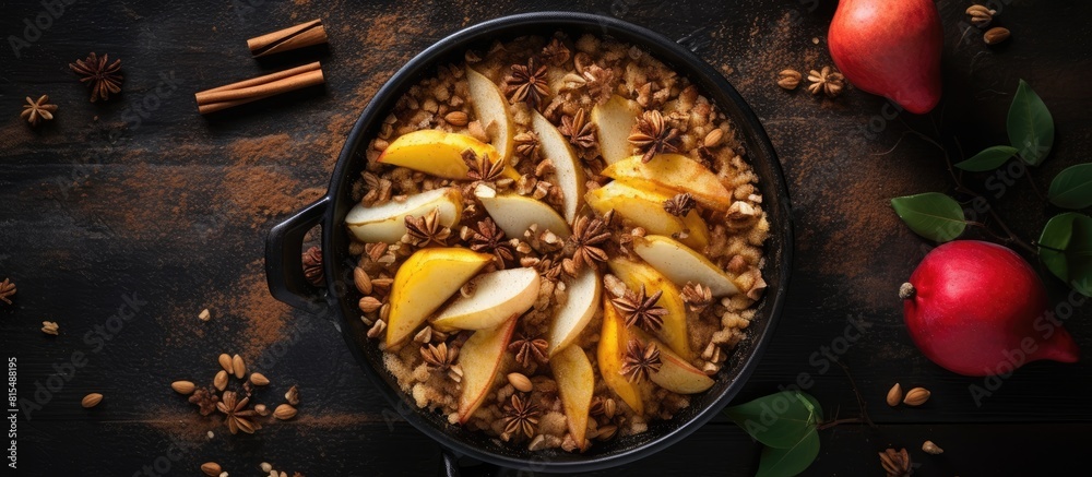 Poster A top down view of a delectable crumble made with oats cinnamon and pears adorned with hazelnuts and drizzled with honey It sits in a dark brown stone concrete frying pan offering ample copy space fo