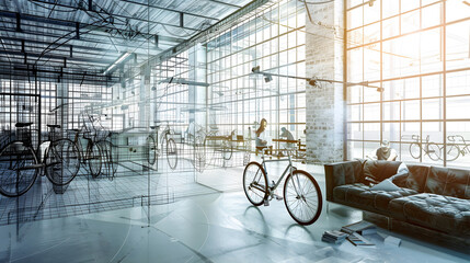 Design project development with 3D visualization of sunny industrial open space office with sofa on concrete floor and lattice glass walls and man hand making sketch of workspaces and  : Generative AI