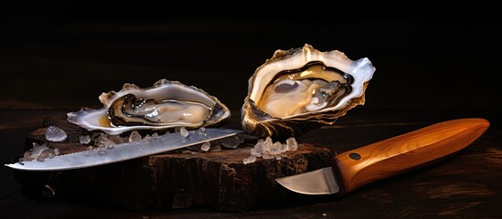 An image with a copy space showcases an open oyster and a knife all against a background of oysters
