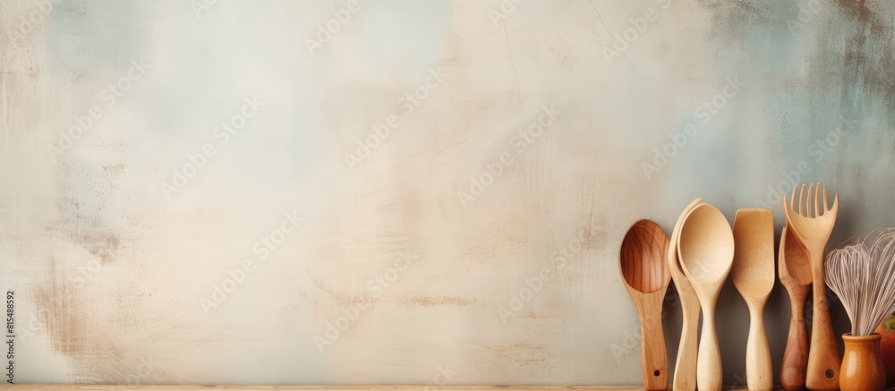 Poster Copy space image of kitchen utensils on a light textured background with an empty wooden cutting board