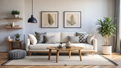 minimalist Boho interior design of modern living room, home. Live edge coffee table near white sofa with black and grey pillows against white wall with poster frame.