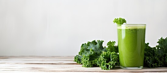 A healthy and refreshing organic kale smoothie displayed on a copy space image featuring leaves and set against a white wood background