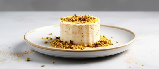 A traditional oriental sweet sunflower halva is presented on a white saucer against a gray background The horizontal image offers ample copy space