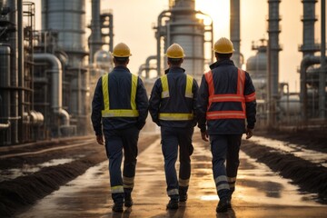Naklejka premium engineer wearing hat and safety suit checking in factory oil refinery field