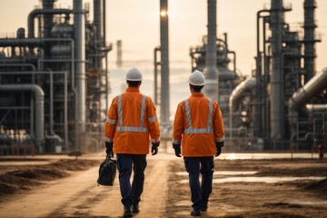engineer wearing hat and safety suit checking in factory oil refinery field