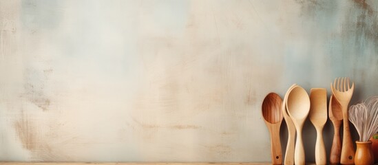 Copy space image of kitchen utensils on a light textured background with an empty wooden cutting board