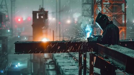 Welder at Work in Industrial Plant at Night