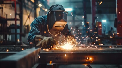 Industrial Welder Working at Metal Fabrication Shop