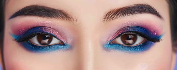 Naklejka premium close-up of a woman's eye adorned with colorful, fine glitter makeup, highlighting the details in her eye.
