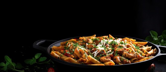 Italian penne pasta with chicken cooked in a flavorful tomato sauce garnished with parsley showcased in a pan and placed on a black background for a visually appealing copy space image