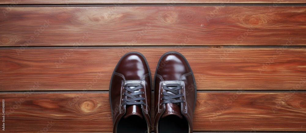 Poster top view of a pair of female shoes placed on a wooden background with ample copy space for images