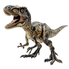 Naklejka premium A realistic rendering of a baby raptor dinosaur, with brown and yellow scales and a toothy grin.