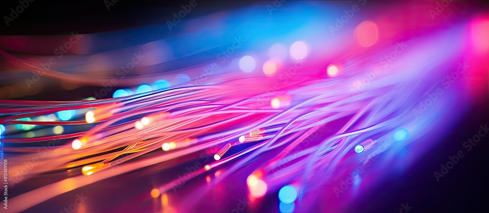 Poster Macro view of optical fiber strands transmitting colorful light with a blurred background leaving ample copy space for text