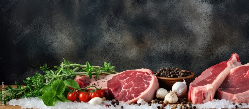 Poster the ingredients for cooking include fresh raw pork meat seasoned with salt pepper and arugula displa