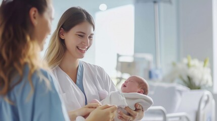 Nurse and doctor holding a newborn baby and checking his health in the maternity ward of the hospital. Nurturing the Future: female Nurse and Doctor Collaborating to Provide Care for a little child