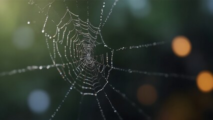 Delicate spider webs glisten with morning dew drops. Catch the light in glistening webs