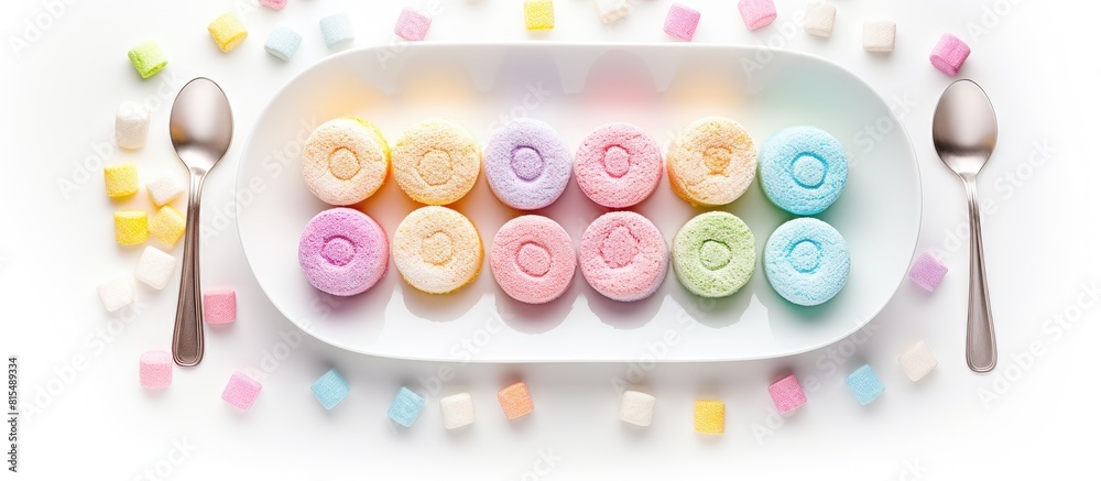Poster a flat lay composition featuring colorful light marshmallows on a white plate with a spoon against a