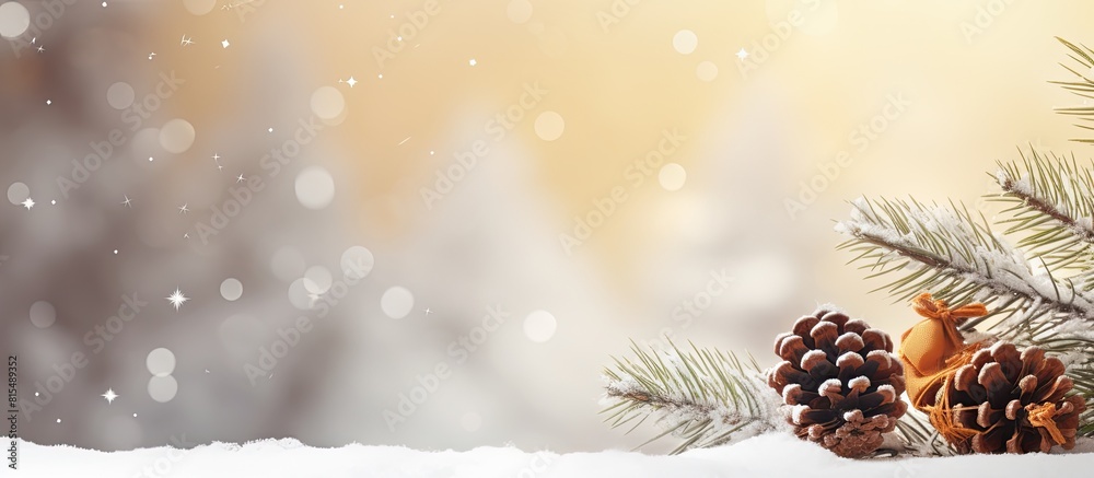 Poster Festive Christmas copy space image features a snowy white spruce branch adorned with cones on a golden background perfect for adding text
