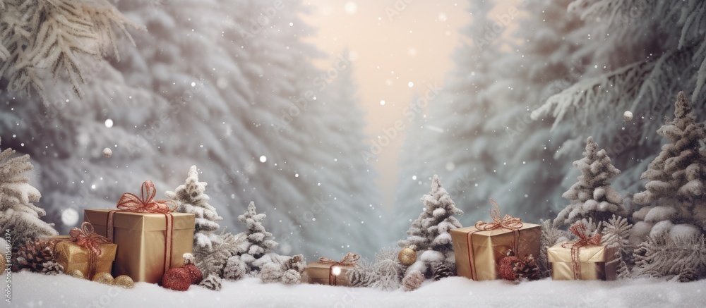 Poster a beautiful christmas background with gifts resting on the branches of the fir and thuja trees copy 