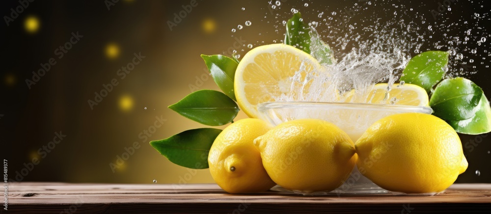 Poster a fresh lemon is being sprinkled from a basket over a wooden background in this copy space image