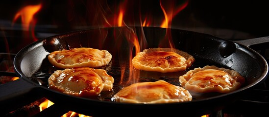 Small raw meat pies being cooked in a frying pan with hot oil creating a copy space image for text