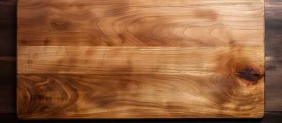 A wooden cutting board in a kitchen with a wood grain background provides a rustic setting for food preparation. Creative banner. Copyspace image