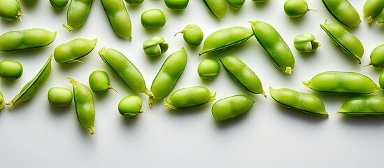 Copy space image of fresh uncooked peas arranged in a top view with a white background The close up reveals closed whole green pods neatly positioned on a flat surface
