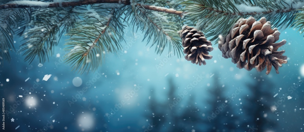 Poster Holiday background with branches and cones perfect as a cozy Christmas image with ample space for text